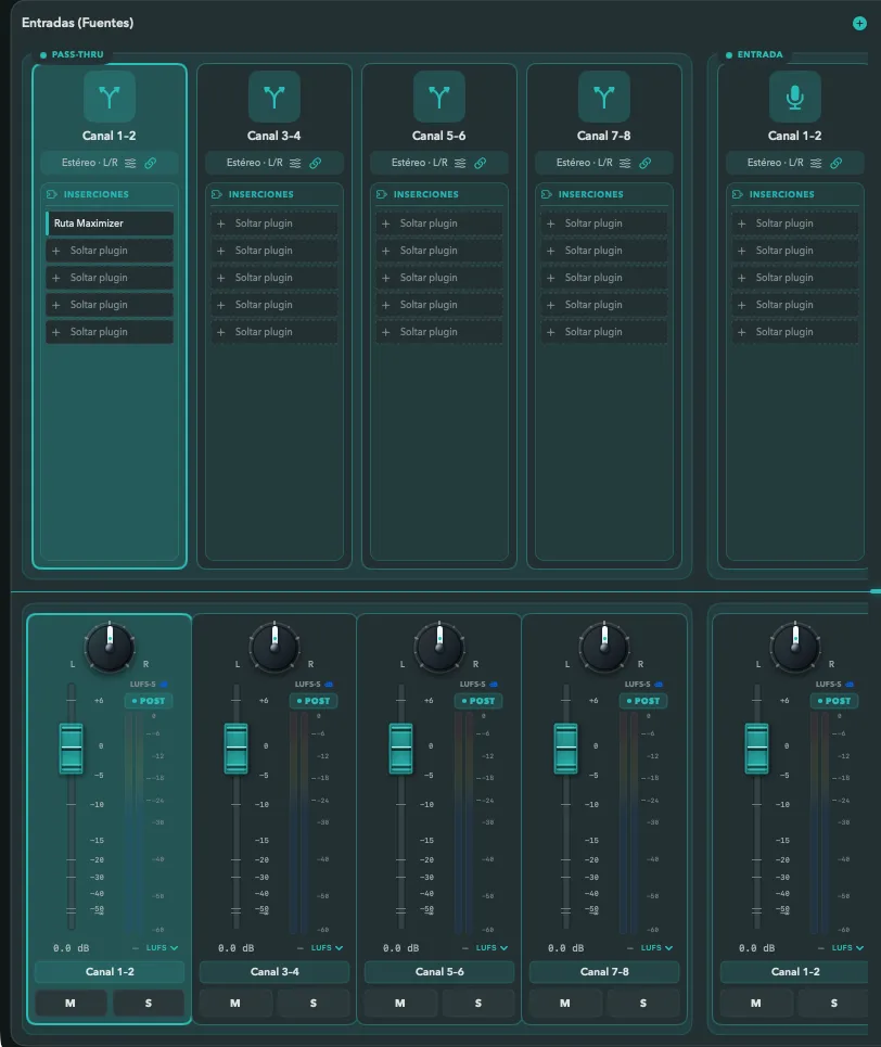 Ruta Audio mixer: input channels with plugin inserts, pan, faders and LUFS meters.
