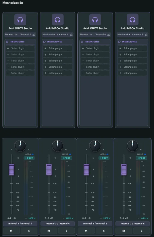 Ruta Audio monitoring view: four monitor outputs, each with plugin inserts, pan, fader and meter.