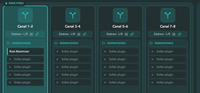 Plugin inserts on Ruta Audio input channels, with Ruta Maximizer loaded on channel 1-2.