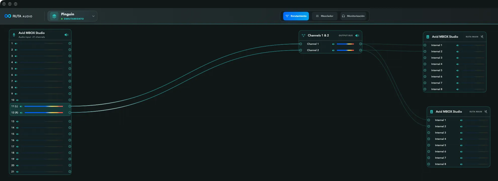 Ruta Audio routing view: a 21-channel audio interface input sends channels 11 and 12 through an output bus to two outputs, with live level meters.